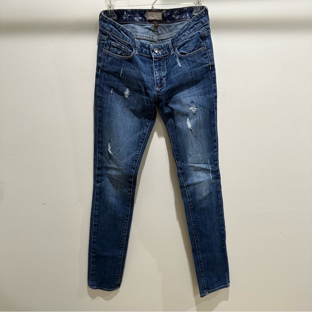 Paige distressed dark blue denim jeans